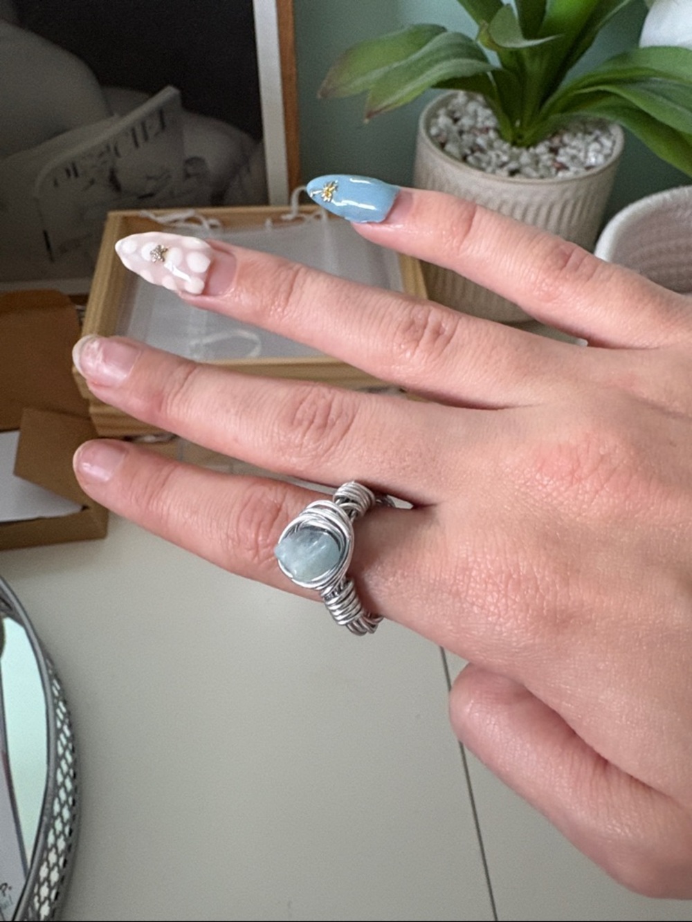 Handcrafted Sterling Wire-Wrap Ring with Light Blue Gemstone